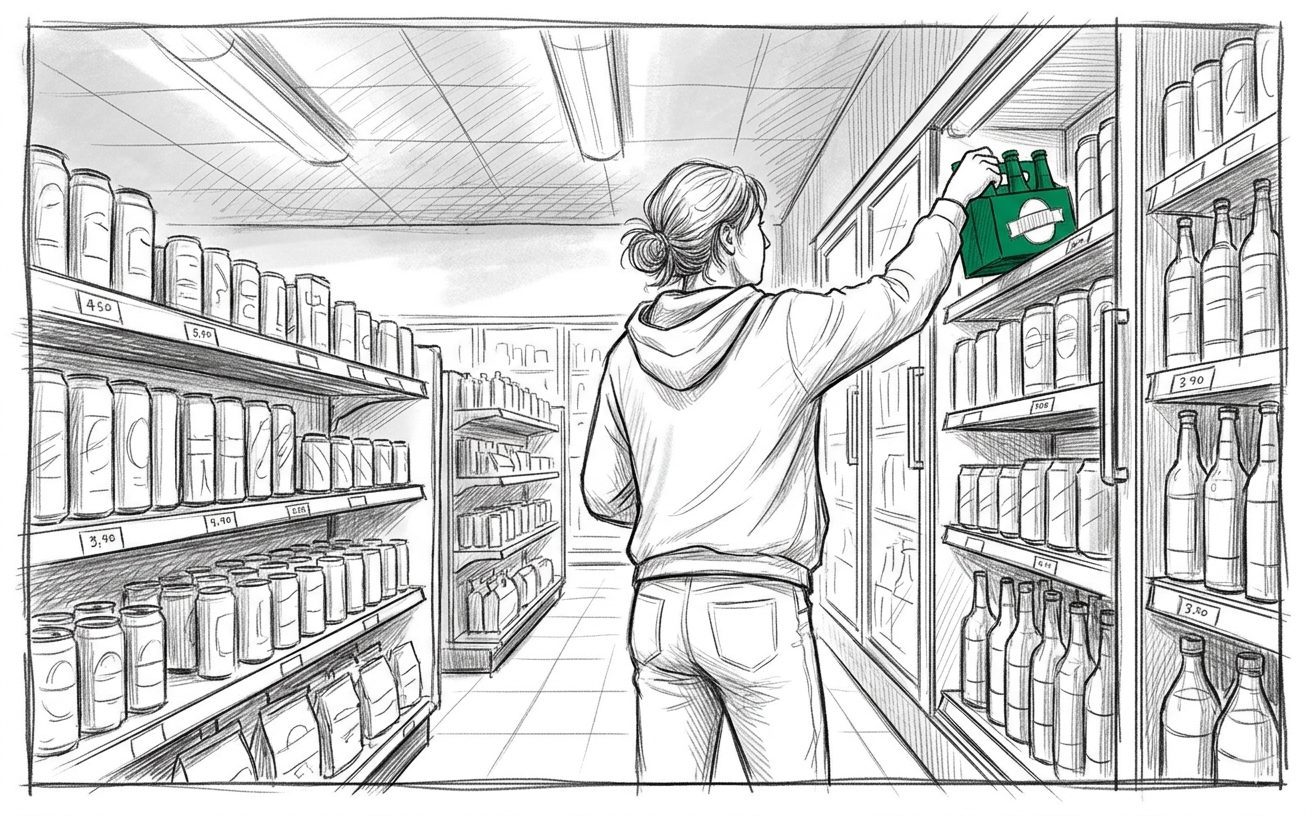Storyboard sketch of an independent shopper reaching for an age-restricted product in a retail aisle.